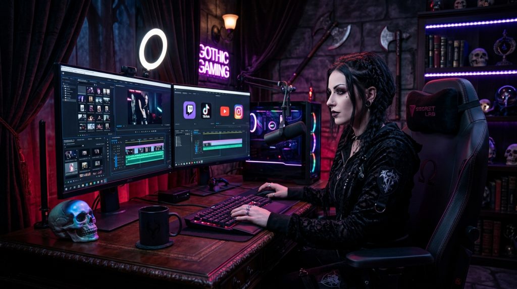 Una streamer gótica y dark como LaValkiria editando clips de sus directos de Twitch en un ordenador con fondos de TikTok, YouTube e Instagram